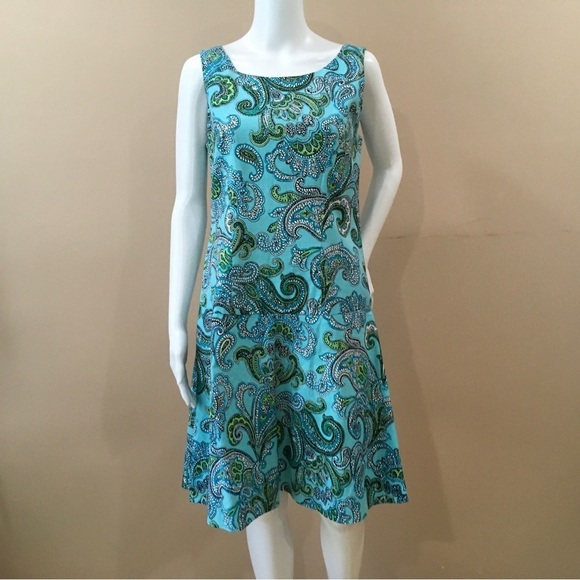 346 Brooks Brothers Paisley Green A Line Dress Sleeveless Lined Womens Size 8 - Picture 4 of 7
